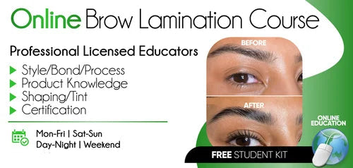 Advertisement for an online brow lamination course with a before and after comparison of eyebrows.