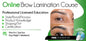 Advertisement for an online brow lamination course with a before and after comparison of eyebrows.