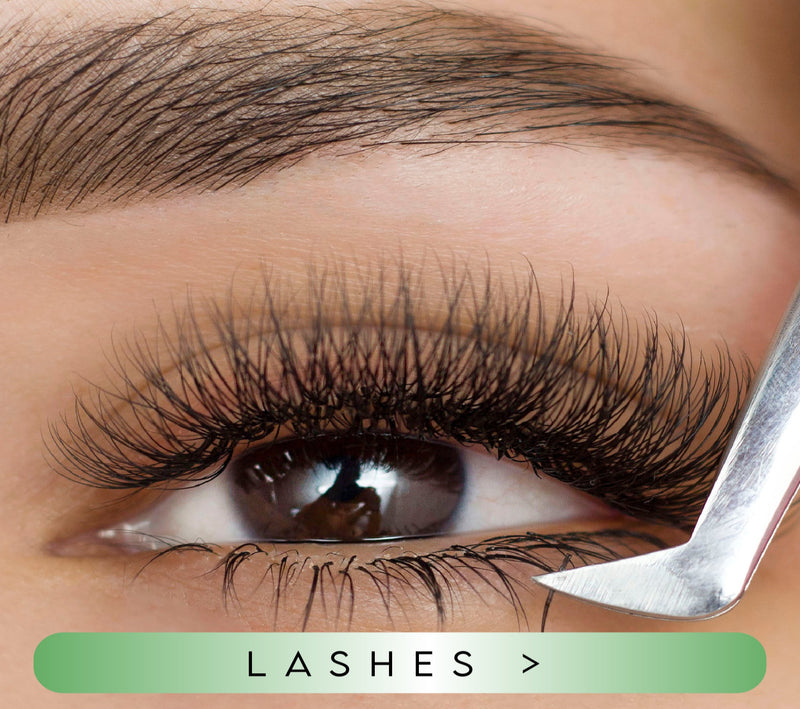 Close-up of an eye with false eyelashes and a tool, with 'LASHES' text at the bottom.